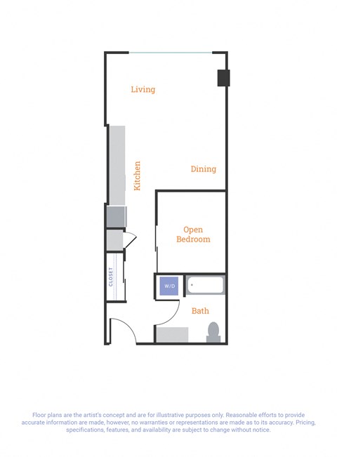 Floor plan for 1 bed, 1 bath, 581 sqft